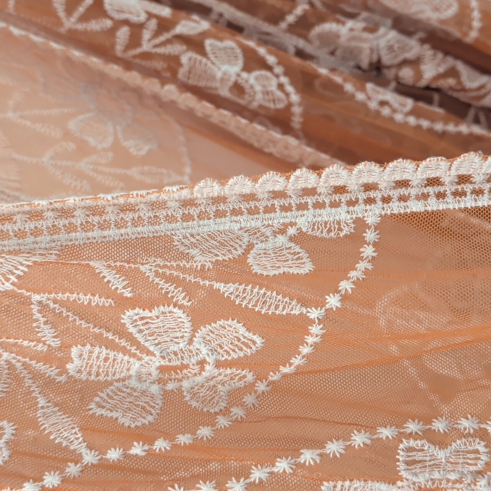 Bohemian Kimono in Mesh Tangerine With Cream Embroidery With Wide Sleeves - Picture 5 of 9